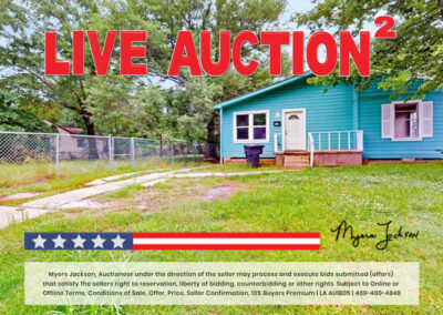 Yard View Shreveport LA House for Sale at Auction with phrase Live Auction Overlaid