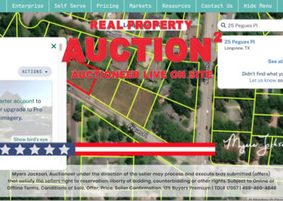 Aerial Map View of Land Auction in Longview Texas with phrase Real Property Auction Auctioneer Live on Site overlaid