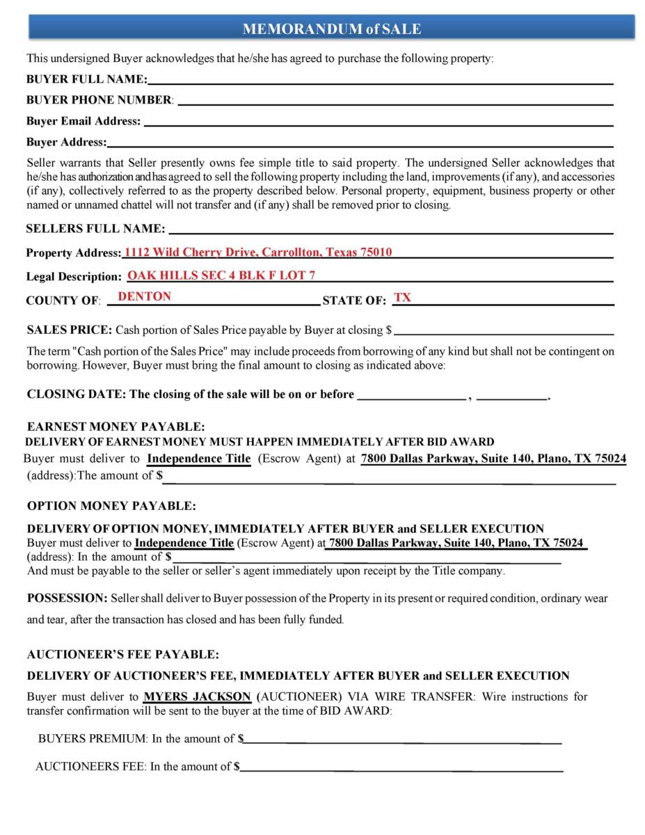 #TX 1112 Wild Cherry Drive, Carrollton, TX, MEMORANDUM of SALE, Lee_Page_1