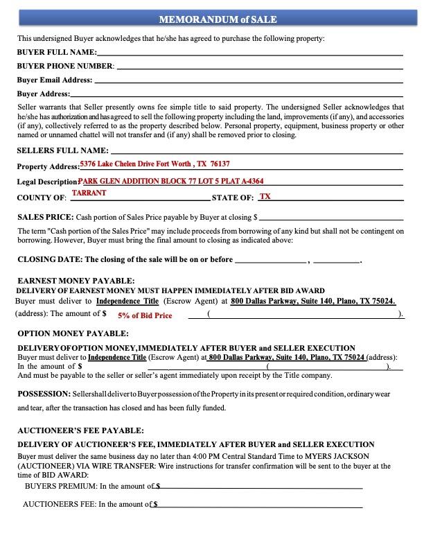 #TX5376 Lake Chelen Drive Fort Worth , TX 76137Memorandum of Sale UPDATED (1) 855 Prairie Creek Dr Grand Prairie TX 75052