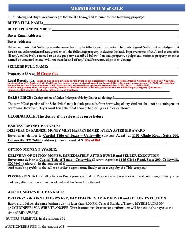25 Grape Cay, Nicaragua Central America Private Island Memorandum of Sale