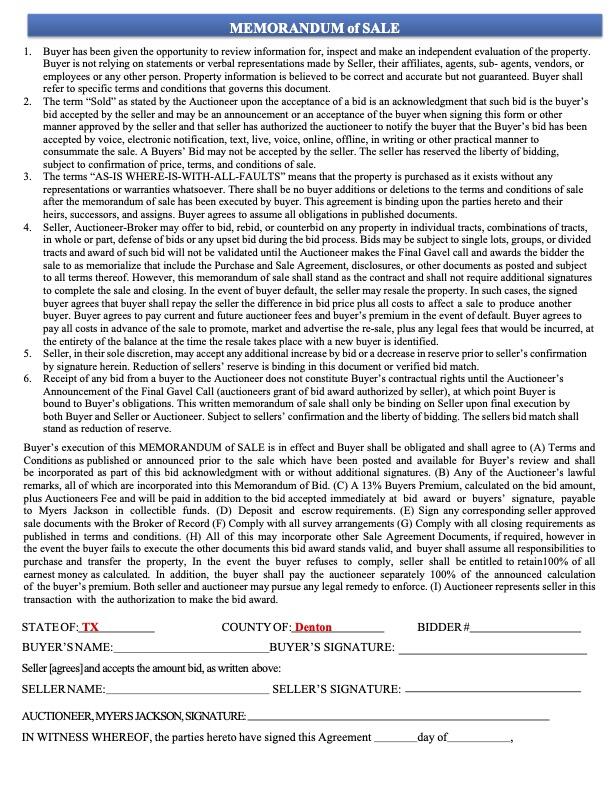 TBD Bobcat Road, Roanoke, TX, Memorandum of Sale, Chapman Trust TBD Bobcat Road, Roanoke, TX, Memorandum of Sale, Chapman Trust