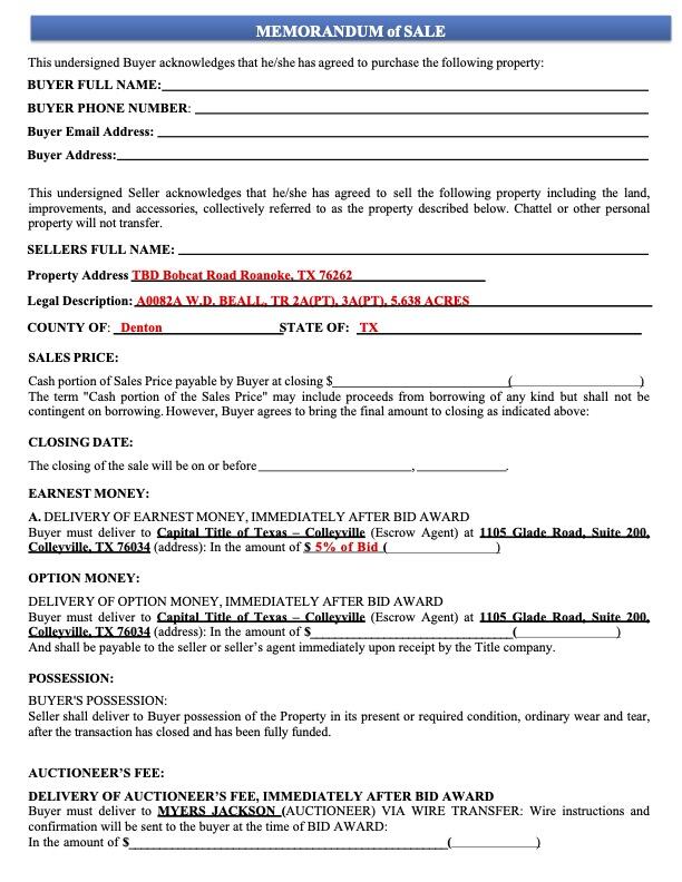 TBD Bobcat Road, Roanoke, TX, Memorandum of Sale, Chapman Trust TBD Bobcat Road, Roanoke, TX, Memorandum of Sale, Chapman Trust