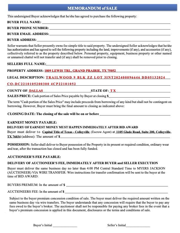 1809 Lewis Trail, Grand Prairie, Memorandum of Sale 2, Laundry Dime Investments LLC