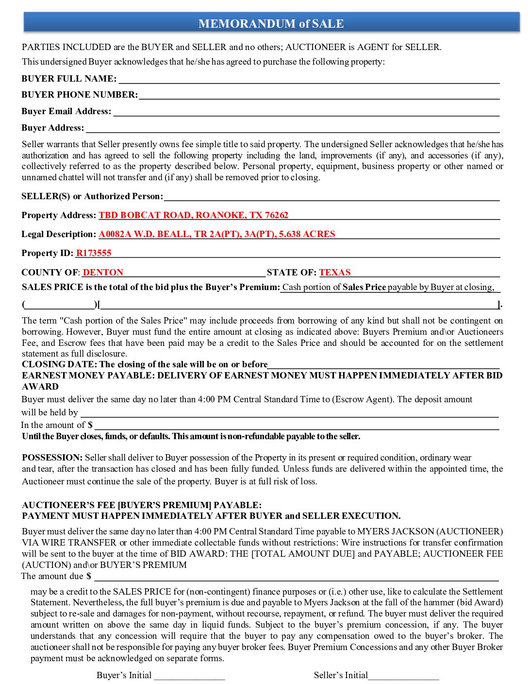 TBD Bobcat Road, Roanoke, TX, Memorandum of Sale, Chapman Trust