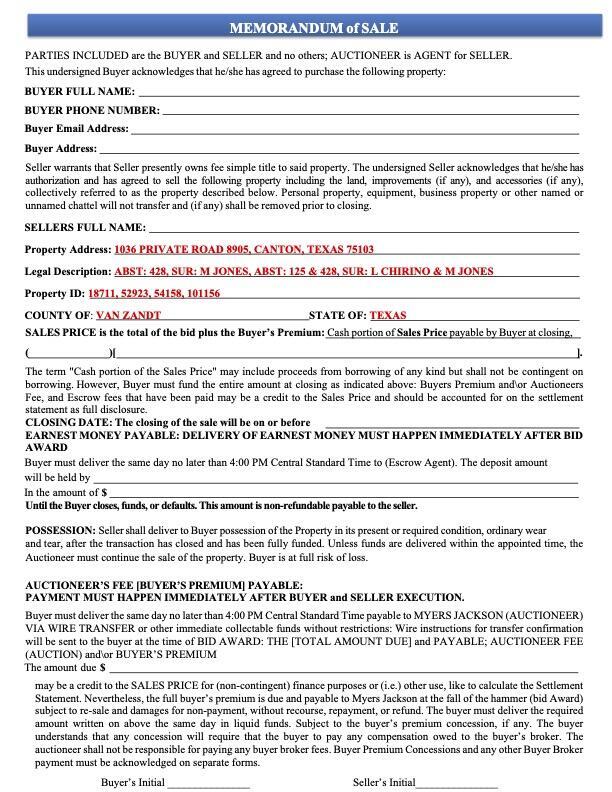 1036 Private Road 8905 Canton TX 75103 Memorandum Of Sale