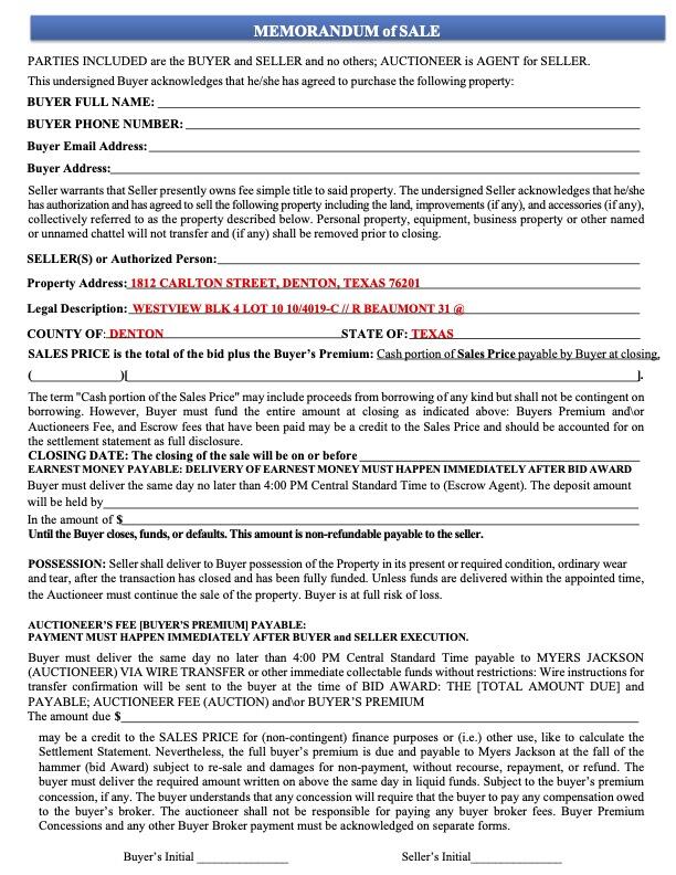 1812 Carlton Street Denton TX 76201 Memorandum Of Sale Page 1