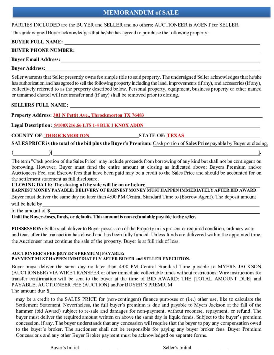 301 N Pettit Ave Throckmorton TX 76483 Memorandum Of Sale