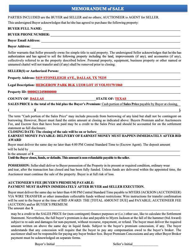 5419 Stoneleigh Ave Dallas TX 75235 Memorandum of Sale