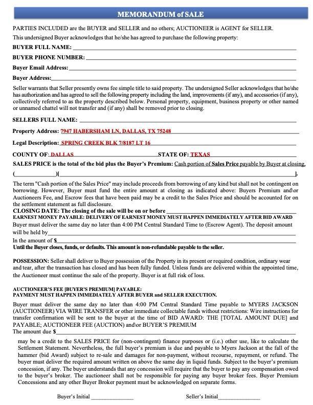 7947 Habersham Ln Dallas TX 75248 Sale Terms And Conditions