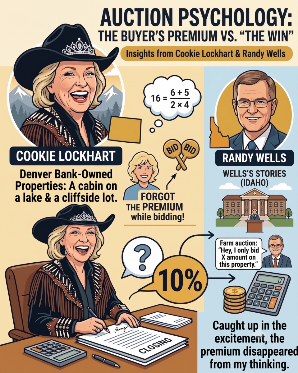 Vertical infographic titled "Auction Psychology: The Buyer's Premium vs. 'The Win'" detailing real estate stories from auctioneers Cookie Lockhart and Randy Wells.