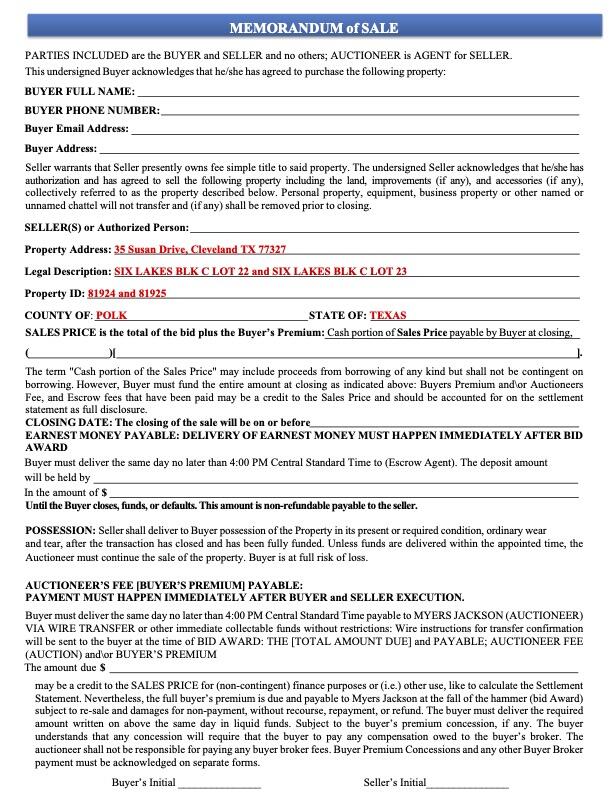 35 Susan Drive-Cleveland TX 77327-Memorandum of Sale 1